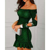 Bowknot Decor Off Shoulder Ruffle Hem Glitter Party Dress - green