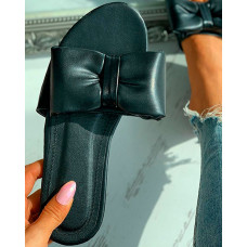 Bowknot Decor Peep Toe Flat Sandals - black