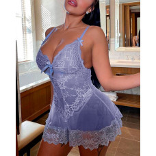 Bowknot Decor Sheer Mesh Lace Babydoll - blue