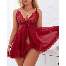 Bowknot Decor Sheer Mesh Lace Babydoll With Thong - red