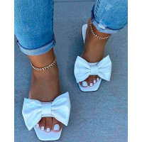 Bowknot Decor Square Toe Flat Slippers - white