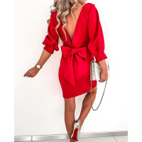 Bowknot Decor V-Back Chocolate Party Dress - red