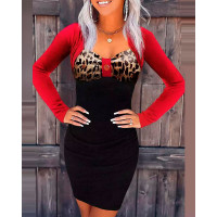 Bowknot Design Cheetah Print Long Sleeve Dress - black