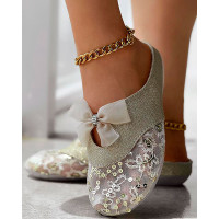 Bowknot Design Contrast Sequin Slippers - gold