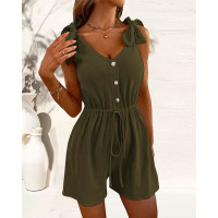 Bowknot Design Drawstring Ruched Romper - Army green