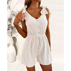 Bowknot Design Drawstring Ruched Romper - white