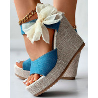 Bowknot Design Peep Toe Platform Wedge Sandals - blue