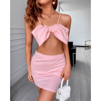 Bowknot Design Plain Spaghetti Strap Top & Skirt Set - pink