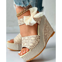 Bowknot Design Platform Espadrille Wedge Sandals - gold