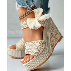 Bowknot Design Platform Espadrille Wedge Sandals - gold