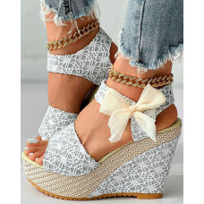 Bowknot Design Platform Espadrille Wedge Sandals - silver