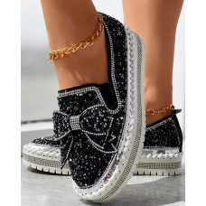 Bowknot Design Platform Sequin Loafers - black