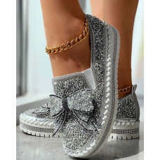 Bowknot Design Platform Sequin Loafers - silver