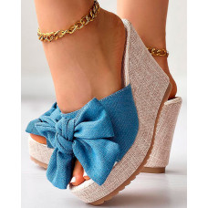 Bowknot Design Platform Wedge Slippers - blue