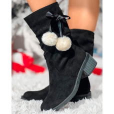 Bowknot Design Pom Pom Ruched Ankle Boots - black