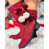 Bowknot Design Pom Pom Ruched Ankle Boots - Wine red