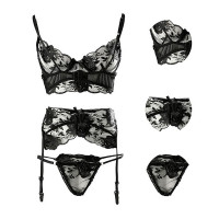 Bowknot Embroidery Lace Garter Lingerie Set - black