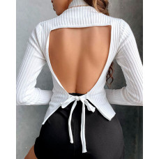 Bowknot Open Back Long Sleeve Knit Top - beige