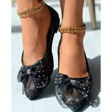 Bowknot Rhinestone Decor Slip-on Loafers - black