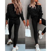 Braid Textured Fluffy Long Sleeve Top & Pants Set - black