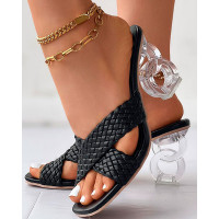 Braided Cross Strap Clear Chunky Heels - black