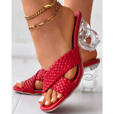 Braided Cross Strap Clear Chunky Heels - red