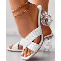 Braided Cross Strap Clear Chunky Heels - white