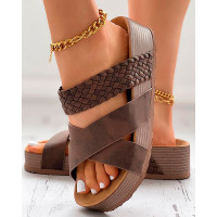 Braided Cross Strap Platform Beach Slippers - brown