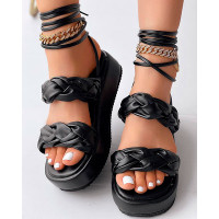 Braided Double Strap Tied Detail Sandals - black