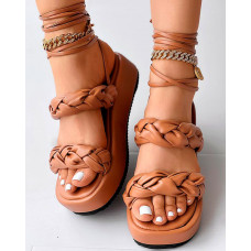 Braided Double Strap Tied Detail Sandals - brown