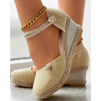 Braided Espadrille Knot Button Ankle Strap Wedge Sandals - beige