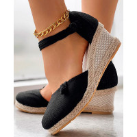 Braided Espadrille Knot Button Ankle Strap Wedge Sandals - black