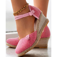 Braided Espadrille Knot Button Ankle Strap Wedge Sandals - pink