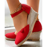 Braided Espadrille Knot Button Ankle Strap Wedge Sandals - red