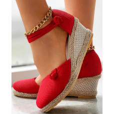 Braided Espadrille Knot Button Ankle Strap Wedge Sandals - red