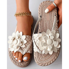 Braided Floral Pattern Toe Post Beach Flip Flops - Apricot