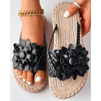 Braided Floral Pattern Toe Post Beach Flip Flops - black