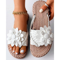 Braided Floral Pattern Toe Post Beach Flip Flops - white