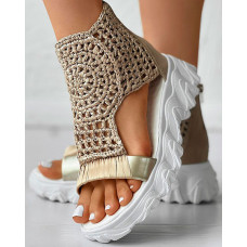 Braided Geometric Wedge Sandals - khaki