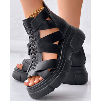 Braided Hollow Out Platform Wedge Sandals - black