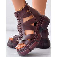 Braided Hollow Out Platform Wedge Sandals - brown