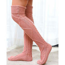 Braided Knit Knee Length Socks - pink