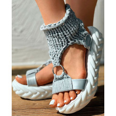 Braided Knit O-Ring Cutout Platform Sandals - gray