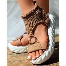 Braided Knit O-Ring Cutout Platform Sandals - khaki