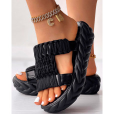 Braided Peep Toe Platform Slippers - black