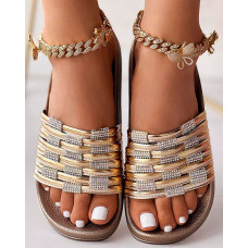 Braided Rhinestone Outdoor Slippers Summer Sandals - gold