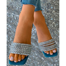 Braided Square Toe Rhinestone Strap Slippers - blue