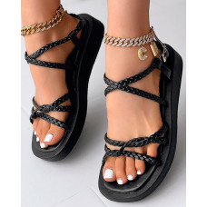 Braided Strap Crisscross Slingback Beach Sandals - black