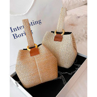 Braided Straw Bucket Bag - beige