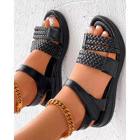 Braided Velcro Ankle Strap Summer Sandals - black